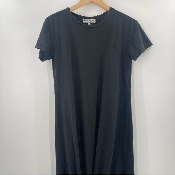 WILDFOX Small Dress Maxi Black Embroidered Logo High Side Slits Cotton Long - Picture 2 of 16